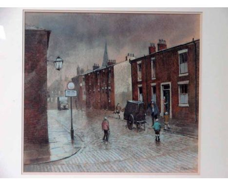 T Brown (English 20th century) Northern Terraced and Cobbled Street scene with Organ Grinder, signed pastel drawing on card, 