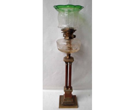 A good quality Edwardian Oil Lamp, oak and brass with graduated green to clear etched glass shade, Hinks burner, cut clear gl