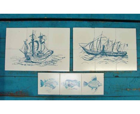 A collection of twenty-seven early Poole Pottery tiles, Carter and Co., making up four tableaux (six to each tableaux) featur