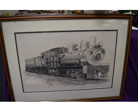 A framed pencil sketch, G S Cooper, Union Pacific 61 Locomotive &amp; Tender, signed and dated 73, 52cm x 70cm including fram