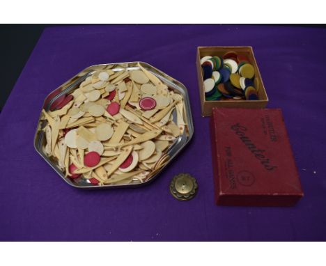 A collection of Whist and Playing Card Counters etc including Brass Registered Whist Marker, bone Fish Gaming markers, Butler