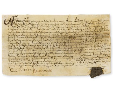 Guernsey.- Amice Andros Seigneur of the Fief de Sausmarez relating to rents in St Peter's Port, Guernsey, D.s. "Sausmares", m