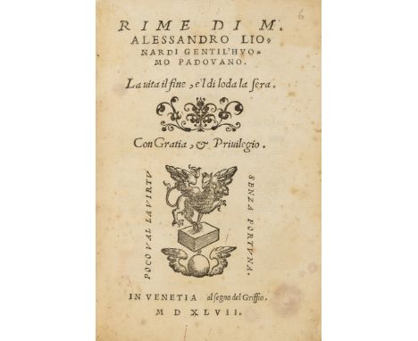 Lionardi (Alessandro) Rime, first edition, title with woodcut printer's device, woodcut decorative initials, damp-spotted, 18