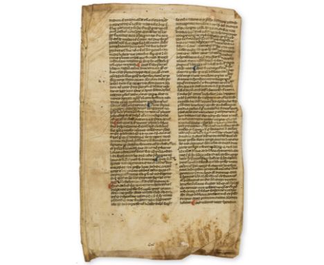 Medieval.- Durand (Guillaume, French canonist, liturgical writer, and Bishop of Mende. c. 1230-96) 2 leaves from "Speculum cl