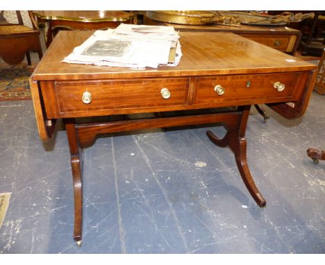 A 19TH.C.MAHOGANY AND INLAID TWO DRAWER SOFA TABLE.   APPROX 138cms WIDE EXTENDED.