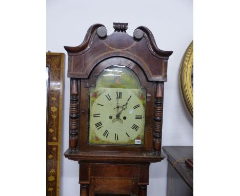 A 19TH.C.OAK AND MAHOGANY CASED EIGHT DAY LONG CASE CLOCK WITH 12 INCH PAINTED ARCH DIAL.   APPROX 230cmS HIGH OVERALL, 56cms