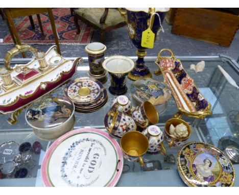 A 19TH CENTURY SPODE OBLONG DISH, THREE STAFFORDSHIRE POT LIDS, SIX ROYAL WORCESTER COFFEE CUPS AND SAUCERS, A SPODE BLUE AND