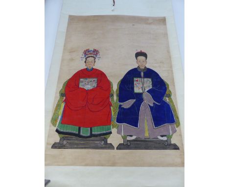 A CHINESE SCHOOL, DOUBLE ANCESTER PORTRAIT AND A SINGLE ANCESTOR PORTRAIT, WATERCOLOURS MOUNTED AS SCROLLS 139 X 76 AND SMALL