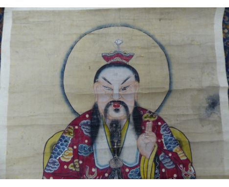CHINESE SCHOOL, A SEATED DIGNITARY WATERCOLOUR, MOUNTED AS A SCROLL.   133x70cms.