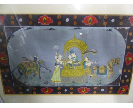 AN INDO PERSIAN ILLUMINATED MANUSCRIPT LEAF DEPICTING A TIGER HUNT AND ANOTHER OF A COURTING COUPLE IN A HORSE DRAWN CARRIAGE