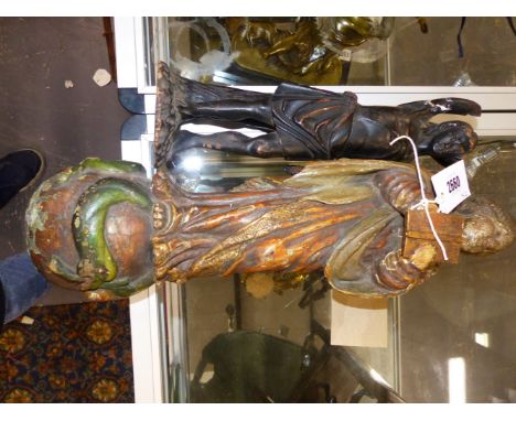 TWO CONTINENTAL ANTIQUE CARVED WOOD STANDING FIGURES, ONE MOUNTED AS A LAMP 