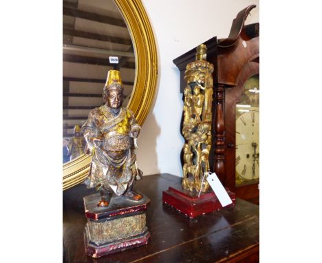 TWO CHINESE CARVED GILTWOOD LAMP BASES, A STANDING FIGURE, VARIOUS PLAQUES, TRAYS, ETC.