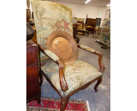 A LARGE 19TH.C. FRENCH SHOW FRAME ARMCHAIR WITH TAPESTRY UPHOLSTERY. 77cms WIDE
