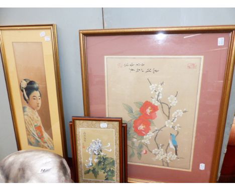 HODO (JAPANESE EARLY 20TH CENTURY SCHOOL) PORTRAIT OF A GEISHA. SIGNED. WATERCOLOUR AND THREE CHINESE FLORAL WATERCOLOURS 