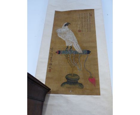 CHINESE SCHOOL, BIRD OF PREY, WATER COLOUR ON PAPER MOUNTED AS A SCROLL CALLIGRAPHIC INSCRIPTIONS AND SEAL MARKS 88 X 44 CM