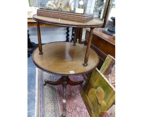 A 19TH.C.MAHOGANY TWO TIER CIRCULAR DUMB WAITER ON TRIPOD SUPPORTS.   94cms HIGH