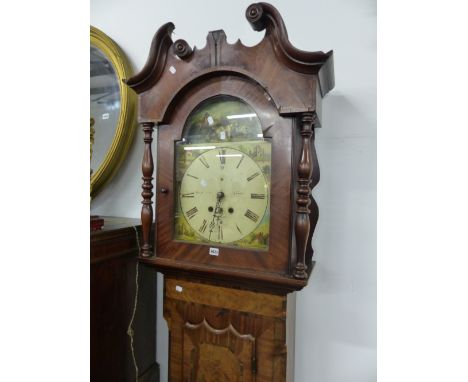 AN EARLY 19TH.C.MAHOGANY AND CROSSBANDED EIGHT DAY LONG CASE CLOCK WITH 13 INCH PAINTED ARCH DIAL, SIGNED INDISTINCTLY ,LEEDS