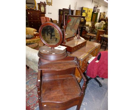 A VICTORIAN MAHOGANY SHAVING STAND, A COMMODE AND A 19TH.C.INLAID SWING MIRROR.