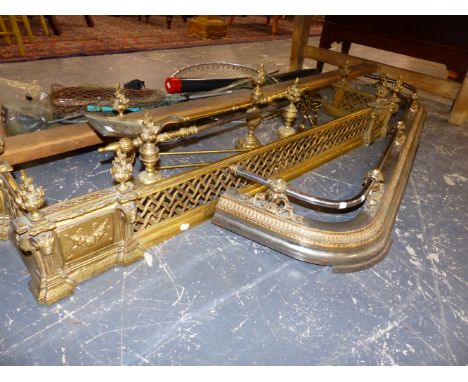 A 19TH.C.GILT BRASS EMPIRE STYLE FIRE FENDER WITH MATCHING FIRE DOGS AND IRONS TOGETHER WITH A VICTORIAN BRASS AND STEEL FEND