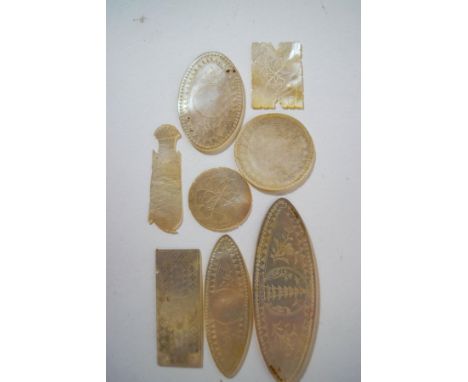 A large quantity of 18th/19th century chinoisere mother of pearl gaming counters of various sizes and forms, including circul
