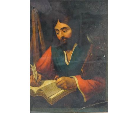 A late 18th Century print on glass of St Luke, 24cm x 34cm (some damage)