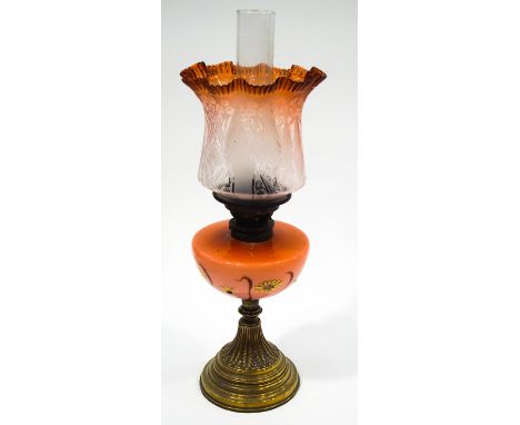 A Victorian Messenger's No.2 brass oil lamp, the pink glass reservoir, painted with flowers, and etched shade with frilled ed