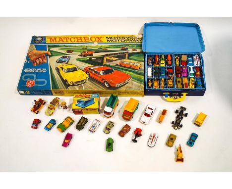 A collection of Lesney Matchbox toys, made in England, regular and Superfast Wheels, an M-2 motorway set, Corgi toys, No 807 