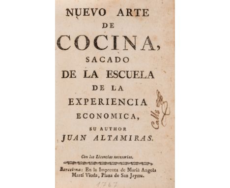 Spanish.- Altamiras (Juan, pseudonym) Nuevo Arte de Cocina, sacado de la escuela de la Experiencia económica, woodcut head-pi