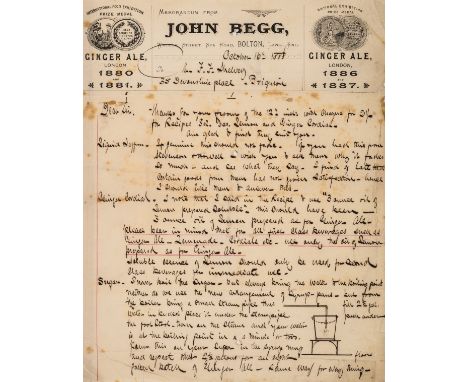 NO RESERVE Ginger Ale.- Brighton.- Begg (John) Group of manuscript recipes and licences allowing Mr. Shelvey of Brighton to m