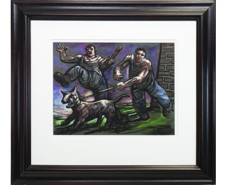 * PETER HOWSON OBE (SCOTTISH b 1958) TWO MEN AND A DOG pastel on paper, signed 44cm x 58cm Mounted, framed and under glass