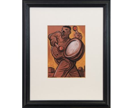 * PETER HOWSON OBE (SCOTTISH b 1958), STRUTTING DRUMMER pastel on paper, signed 27cm x 20cm Mounted, framed and under glass