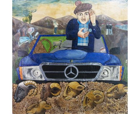 * STEWART BOWMAN JOHNSON (SCOTTISH 1938 - 2019), GOLFING IN THE HIGHLANDS, WITH FIGURES OF SEAN CONNERY, JIMMY TARBUCK AND OT