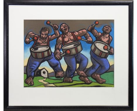 * PETER HOWSON OBE (SCOTTISH b 1958), THREE DRUMMERS pastel on paper, signed 45cm x 60cm Mounted, framed and under glass