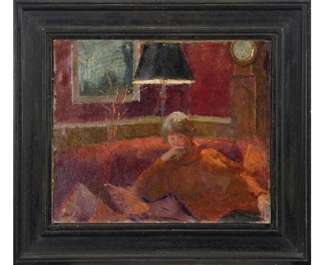 * FRED DUBERY (BRITISH 1926 - 2011), PORTRAIT ON A WINTER EVENING oil on canvas board, signed 27cm x 32cm Framed Label verso: