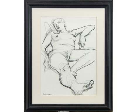 * PETER HOWSON OBE (SCOTTISH b 1958), RECLINING NUDE charcoal on paper, signed 41cm x 29cm Mounted, framed and under glass