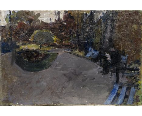 MANNER OR CAREL WEIGHT (BRITISH 1908-1997), FIGURE ON A PARK BENCH oil on canvas 31cm x 46cm Unframed