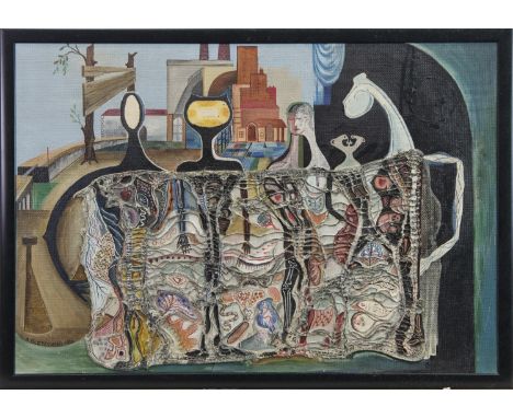 ALEX BLESZYNSKI (CHINESE 1926 - 2015), FIGURES IN A COURTYARD mixed media on board, signed and dated 1961 52cm x 75cm Framed