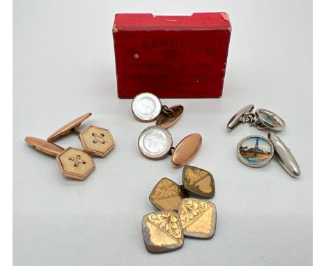 4 vintage pairs of cufflinks in a vintage H. Samuels jewellery box. Cufflinks to include square shaped 9ct gold on silver pai