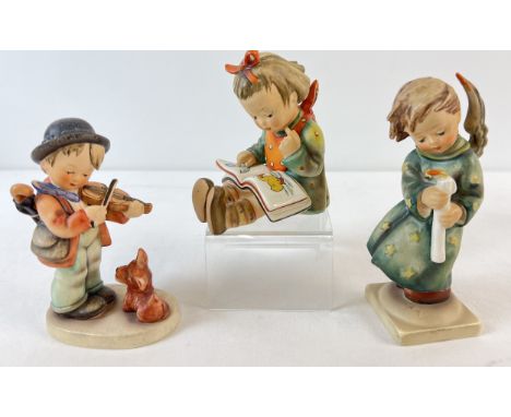 3 large sized vintage Goebel Hummel ceramic figurines, 1960 - 72. Book Worm, Puppy Love and Heavenly Angel. All with blue bac