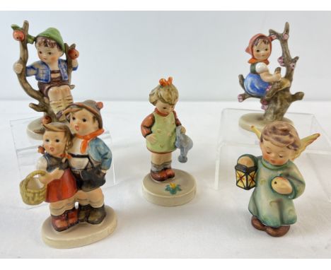 5 small vintage Goebel ceramic Hummel figurines, 1960 - 79.  Comprising: Apple Tree Boy &amp; Apple Tree Girl, Little Gardene