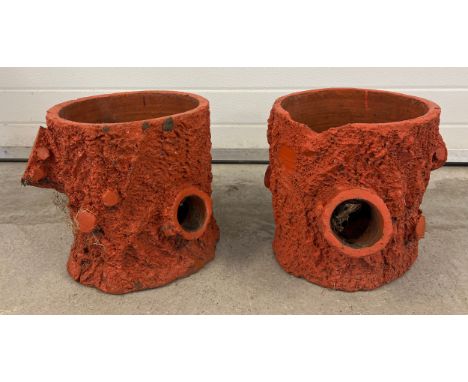 A pair of vintage strawberry pots modelled as tree trunks. Approx. 34cm tall x 31cm diameter. 