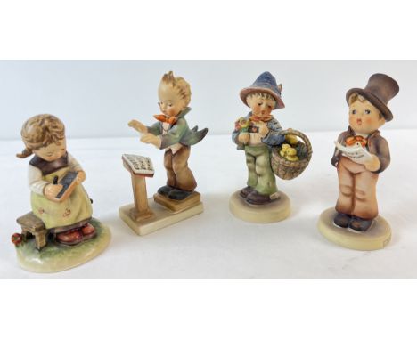 4 vintage 1970's Goebel ceramic Hummel figurines, 1972 -79. Band Leader, Busy Student, Easter Greetings and Street Singer. Ta