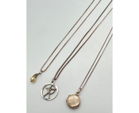 3 silver &amp; white metal pendant necklaces. A 925 silver small circular locket on an 18" curb chain with spring ring clasp 