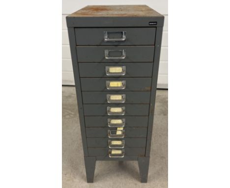 A vintage Bisley 10 drawer set of grey metal drawers. Approx. 74cm tall x 28cm wide. 