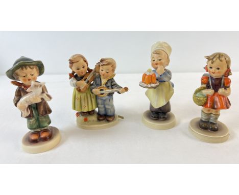 4 vintage Goebel ceramic Hummel figurines, 1960 - 72. Comprising: Happy Days, School Girl, Baker and The Lost Sheep.  All wit