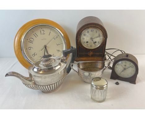 A collection of assorted vintage clocks and silver plated items. To include 1940's Smiths Sectric bakelite cased clock, silve