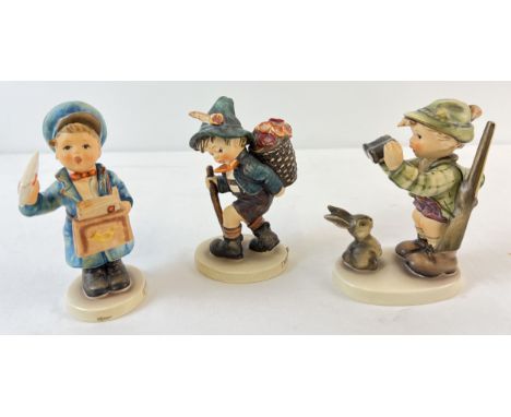 3 large vintage Goebel ceramic Hummel figurines, 1964 - 79. Good Hunting, Flower Vendor and Postman. All with blue back stamp