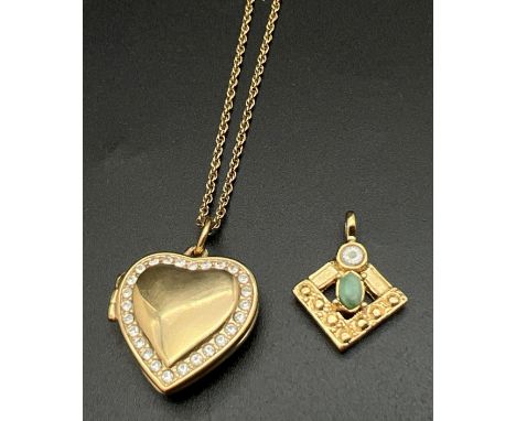 2 pieces of vintage gold tone jewellery. An emerald &amp; clear stone set square shaped pendant together with a clear stone s