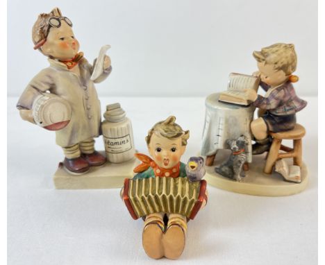 3 vintage Goebel ceramic Hummel figurines, 1964 - 72, 2 with Royal Arcade Hallams Norwich stickers to underside. Little Pharm