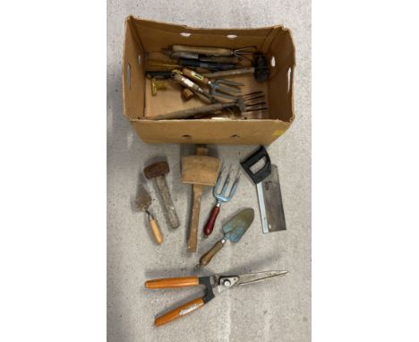 A box of assorted vintage &amp; modern hand tools, mostly garden tools. 